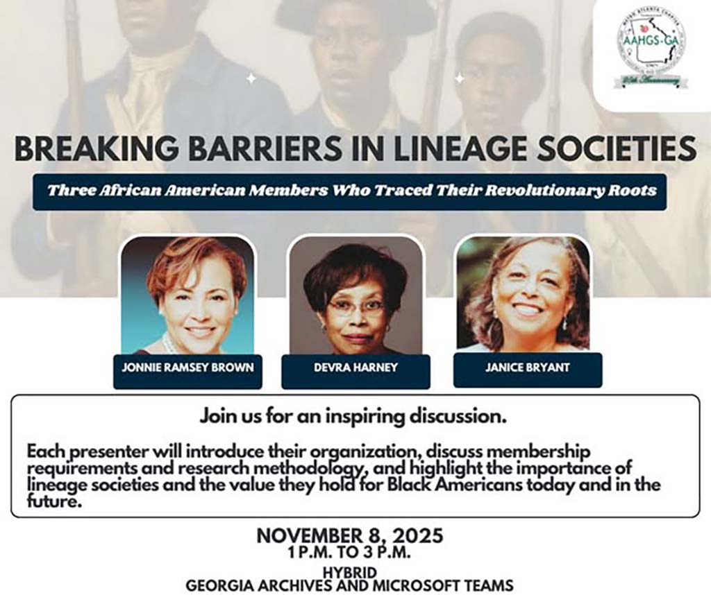 Sat., Nov. 8 — AAHGS Metro Atlanta Chapter HYBRID* Meeting